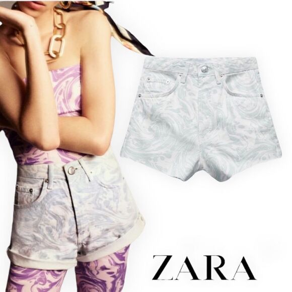 ZARA | Blue | HI RISE PRINTED SHORTS - Picture 1 of 8